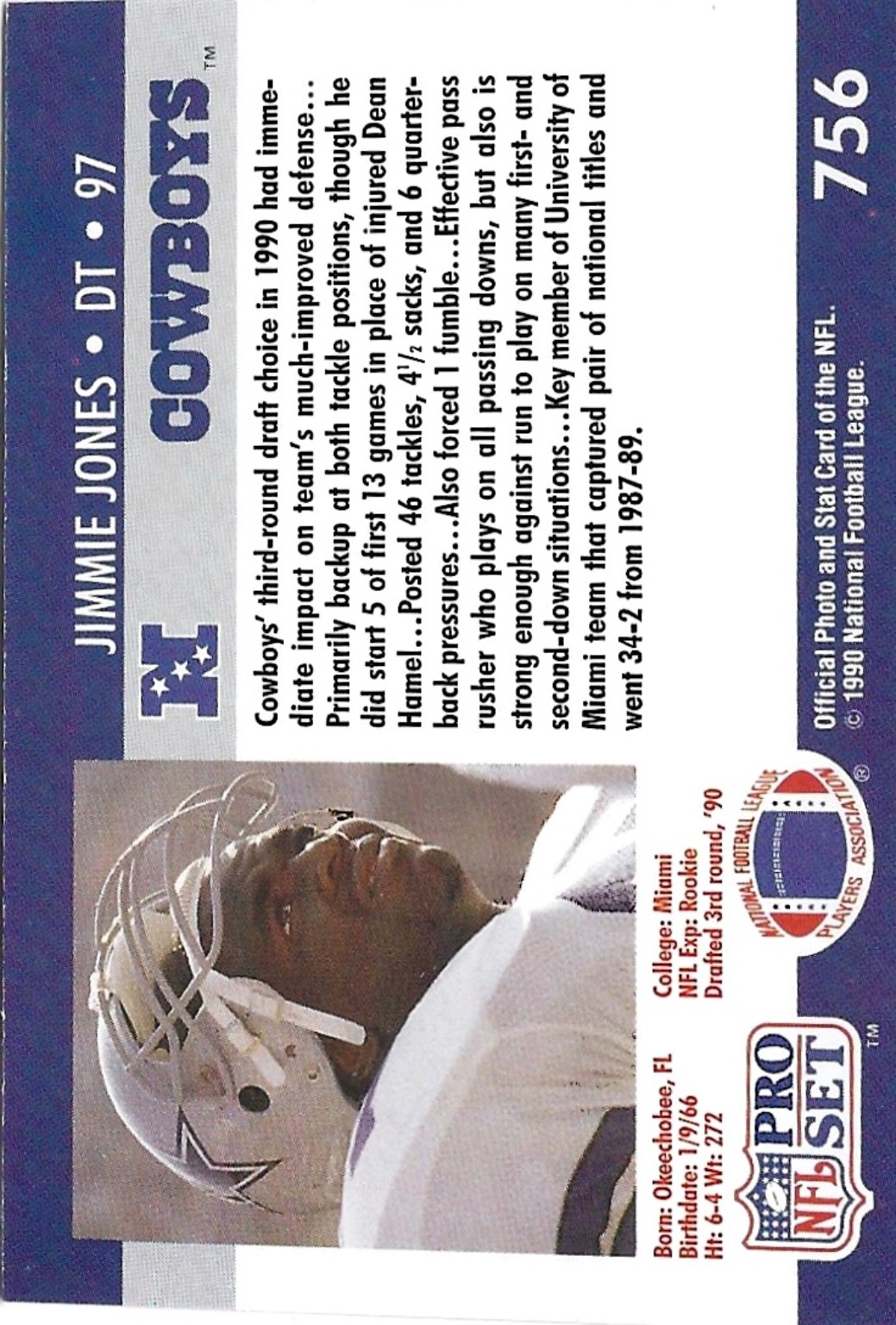 Back scan of 1990 Pro Set Jimmie Jones rookie card number 756